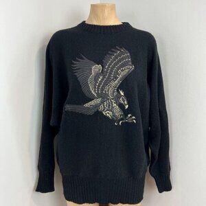 Vintage 80s Ornella Womnen's Size Large Black Embroidered Eagle Pullover Sweater